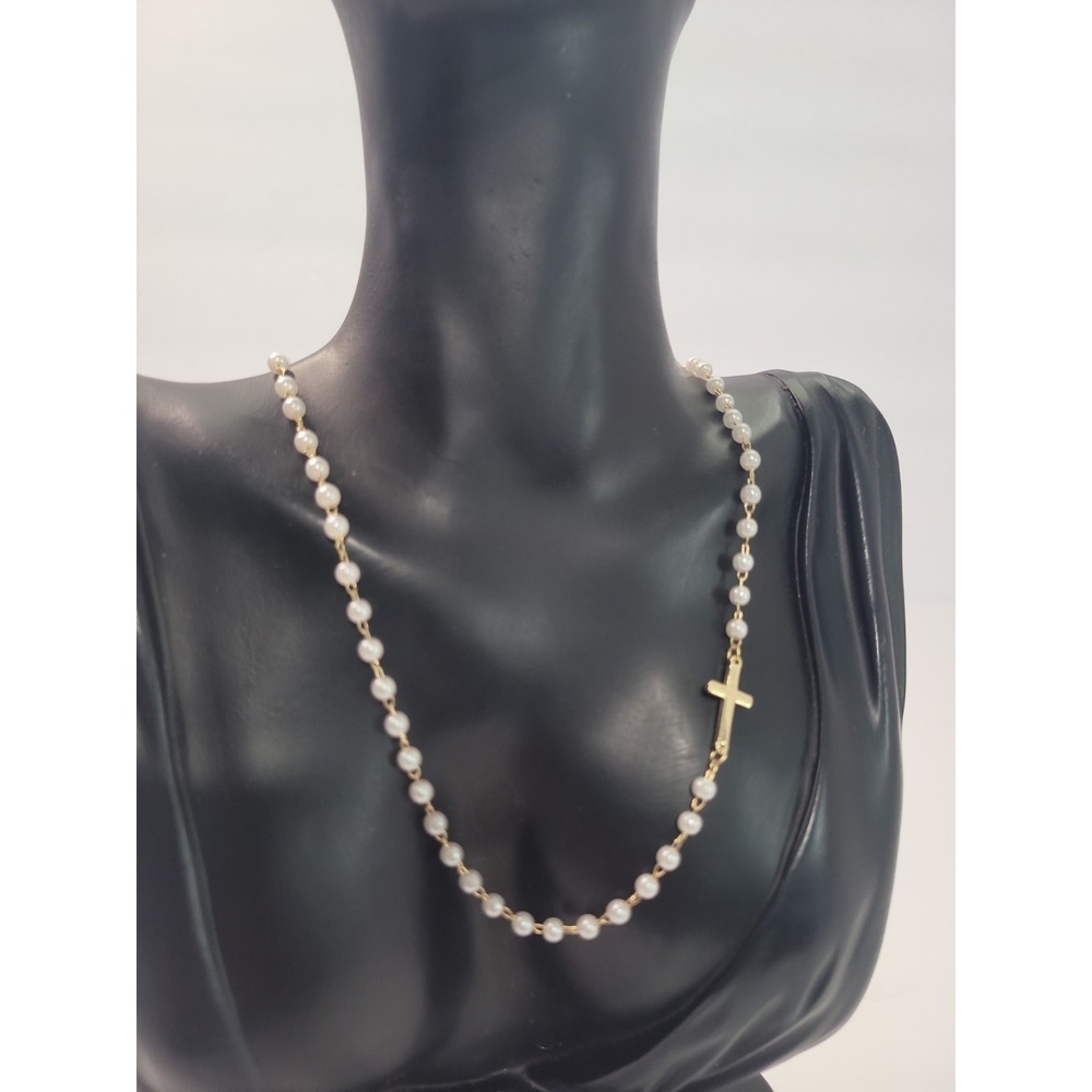 Gold Tone Cross Necklace White Beaded Religious Christian Faith Jewelry